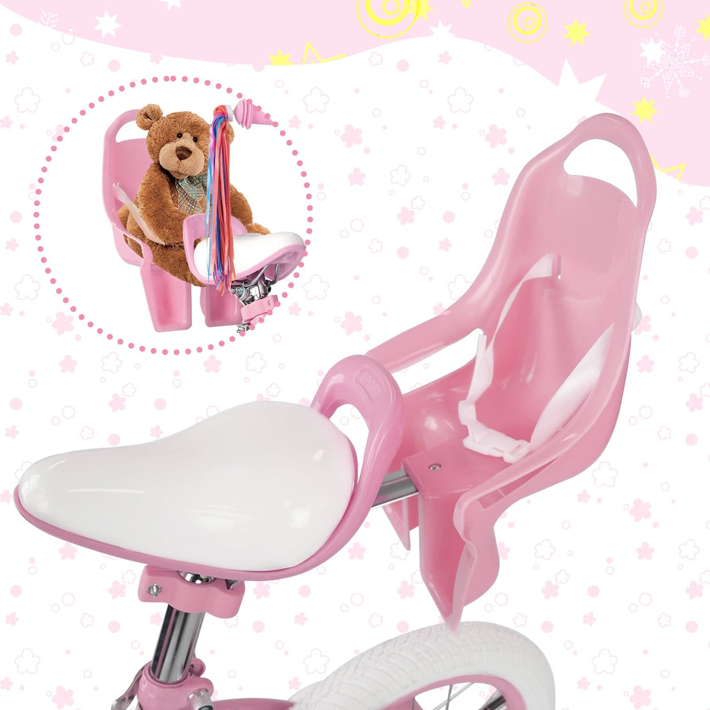 XJD Girls Bike for Toddlers 3-9 Years Old Kids, 14 Inch Kids Bike with Training Wheels, Streamers, Basket and Doll Seat, Children Bicycles with Handbrake